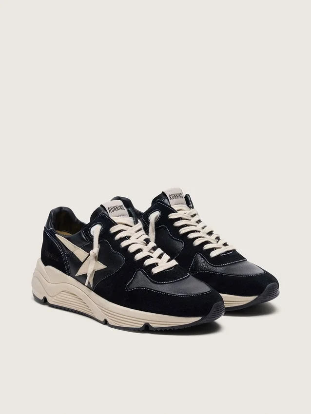 Sneaker da uomo con Running Sole in nappa nera e pelle scamosciata con stella bianca