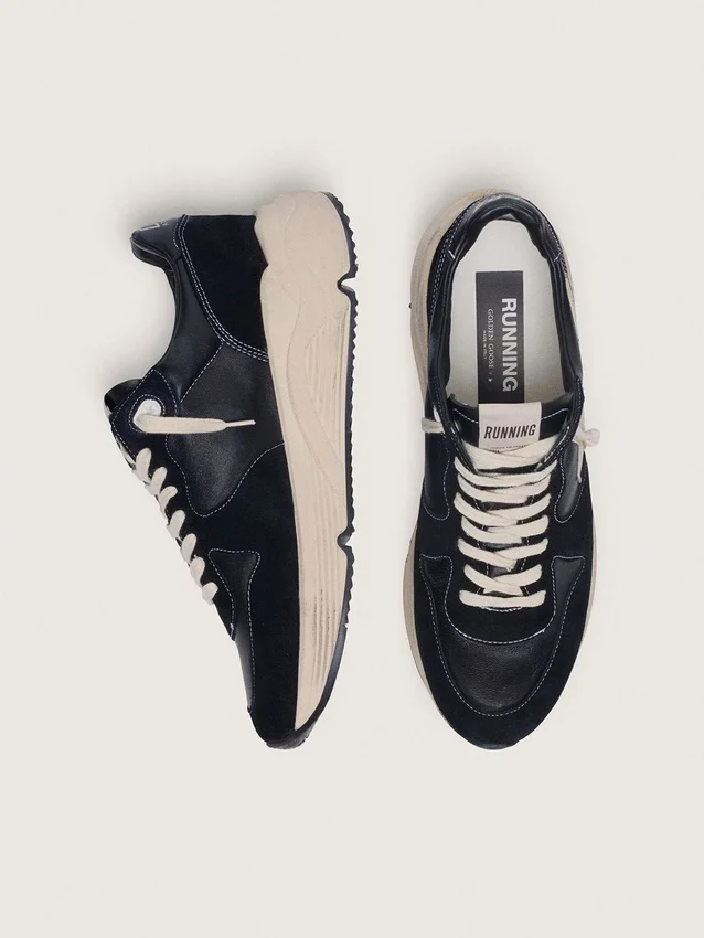 Sneaker da uomo con Running Sole in nappa nera e pelle scamosciata con stella bianca