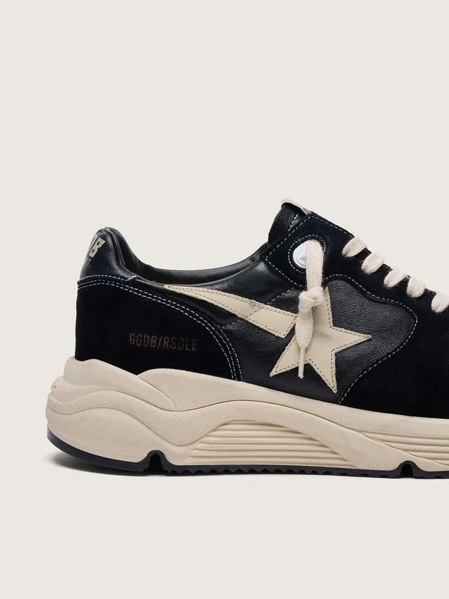Sneaker da uomo con Running Sole in nappa nera e pelle scamosciata con stella bianca