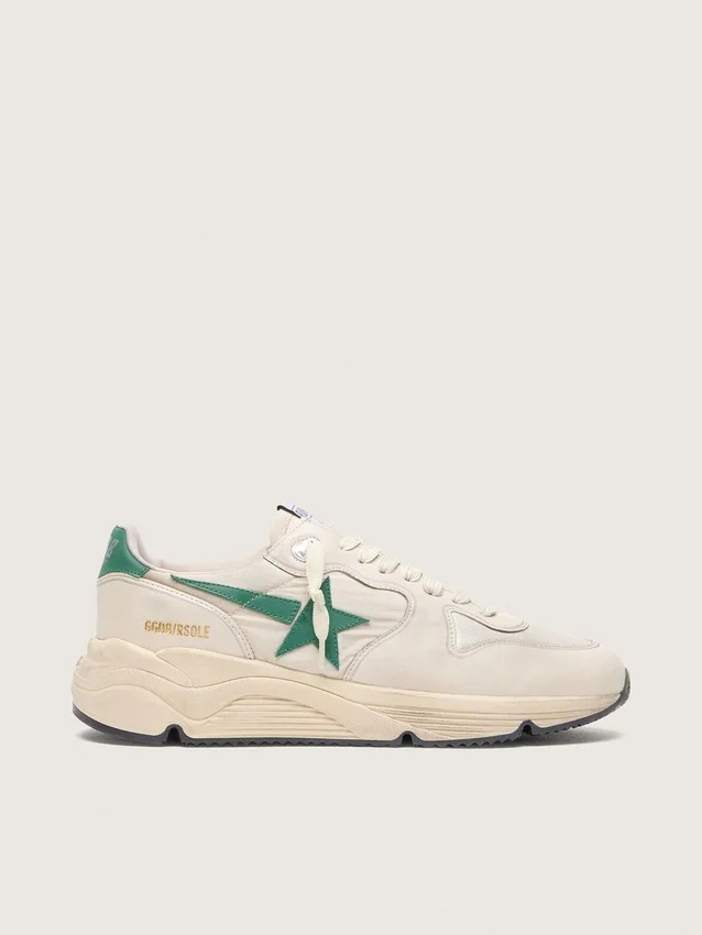 Sneaker da uomo con Running Sole in nylon color crema e pelle con stella in pelle verde