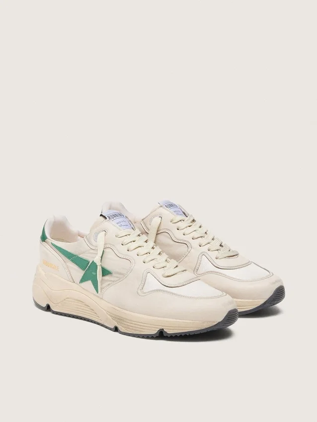 Sneaker da uomo con Running Sole in nylon color crema e pelle con stella in pelle verde