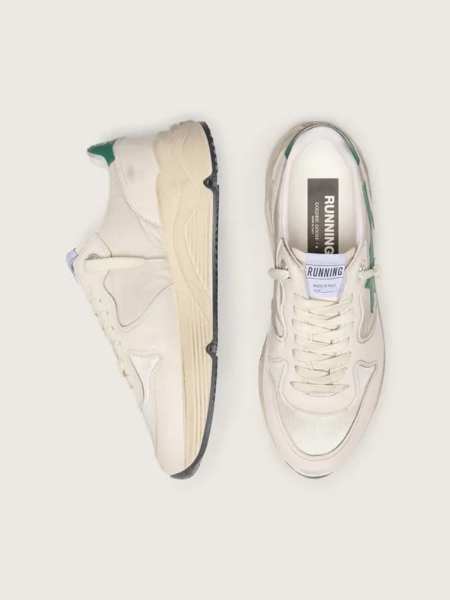 Sneaker da uomo con Running Sole in nylon color crema e pelle con stella in pelle verde