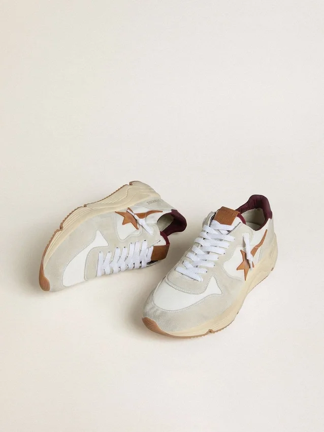 Sneaker da uomo con Running Sole in nylon e pelle scamosciata, con stella in pelle marrone e linguetta sul tallone in pelle bordeaux