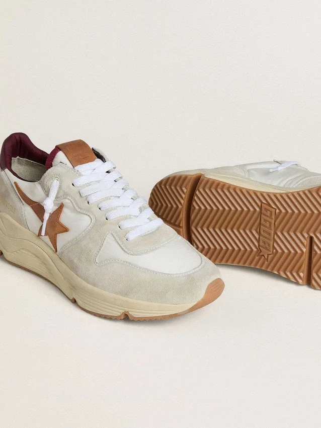 Sneaker da uomo con Running Sole in nylon e pelle scamosciata, con stella in pelle marrone e linguetta sul tallone in pelle bordeaux