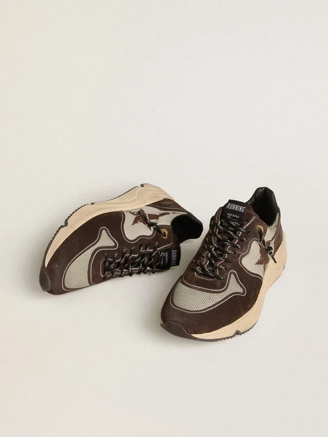 Sneaker da uomo con Running Sole in nylon e pelle scamosciata, con stella stampata e linguetta sul tallone in pelle
