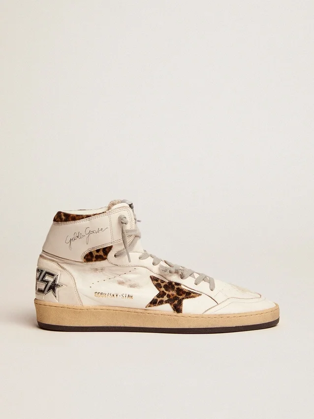 Sneakers Sky-Star con firma sulla caviglia e inserti in pelle di pony con stampa leopardata