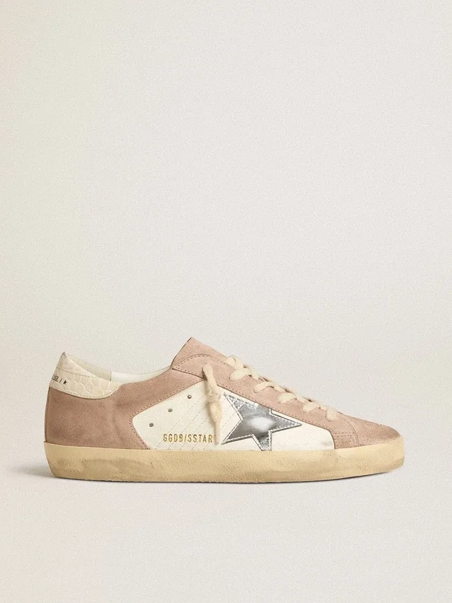 Sneakers Super-Star da donna in pelle scamosciata rosa con stella in pelle metallizzata argento
