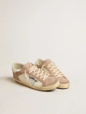 Sneakers Super-Star da donna in pelle scamosciata rosa con stella in pelle metallizzata argento