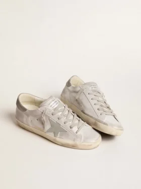 Sneakers Super-Star in pelle grigio-bianca con effetto glitter e stella in pelle