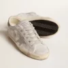 Sneakers Super-Star in pelle grigio-bianca con effetto glitter e stella in pelle