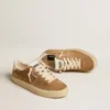 Soul Star da donna in pelle scamosciata color cammello con linguetta e tallone in pelle bianca