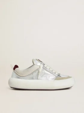 Space-Star Cube da donna in pelle grigio ghiaccio e argento con linguetta sul tallone bordeaux
