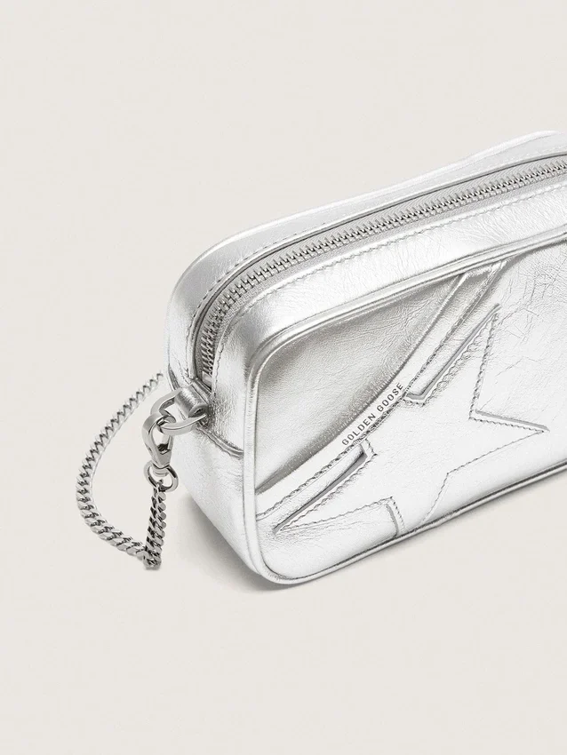 Star Bag da donna Mini in pelle laminata argento con stella tono su tono