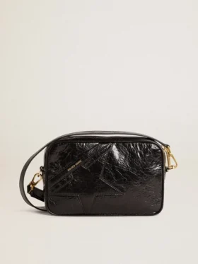 Star Bag in pelle nera lucida con stella tono su tono