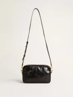 Star Bag in pelle nera lucida con stella tono su tono