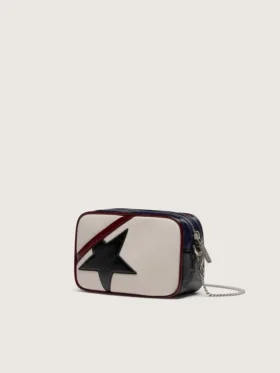 Star Bag Mini in pelle bianco burro con stella nera e dettagli bordeaux e blu scuro