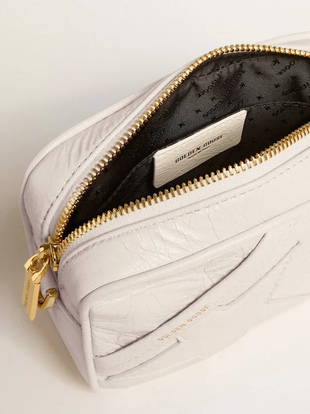 Star Bag Mini in pelle bianco burro con stella tono su tono