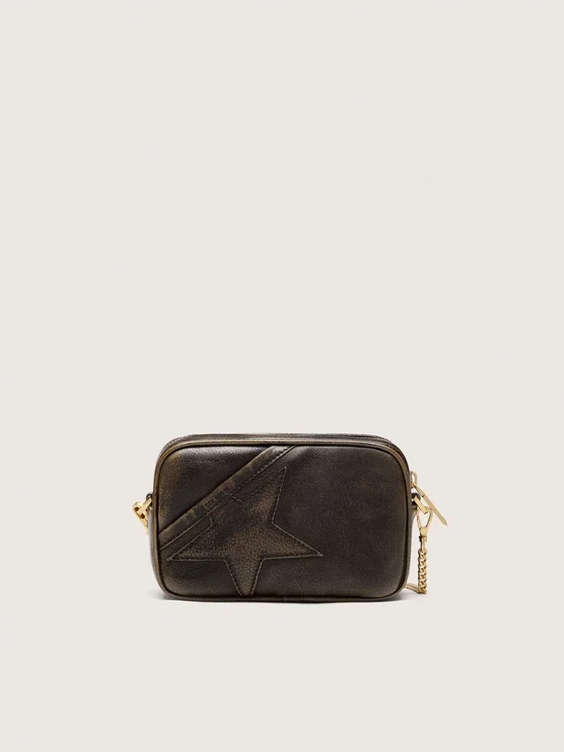 Star Bag Mini in pelle marrone scuro invecchiata con stella tono su tono