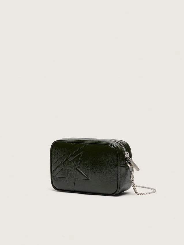 Star Bag Mini in pelle nera con stella tono su tono