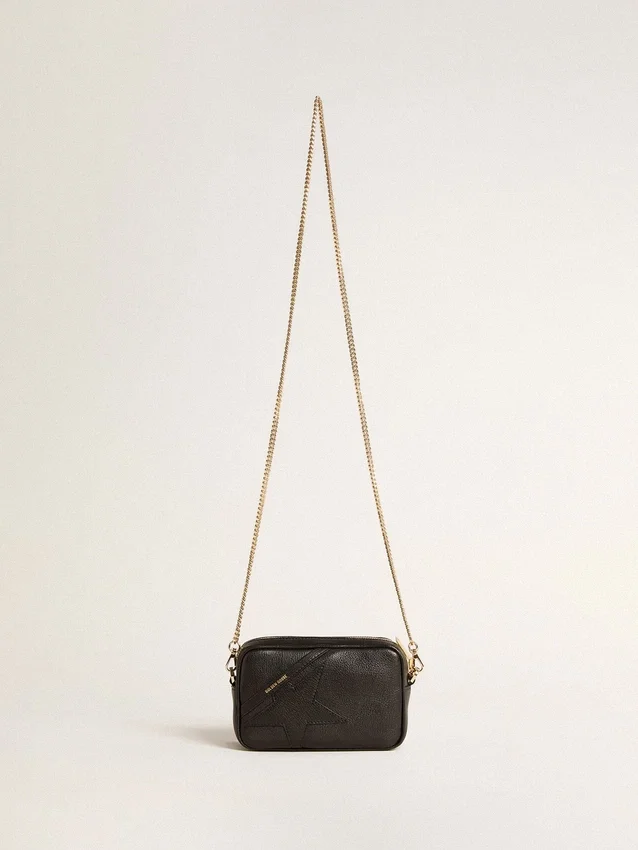 Star Bag Mini in pelle nera con stella tono su tono