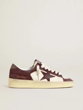 Stardan da donna in nappa bianca con stella e linguetta sul tallone in pelle scamosciata bordeaux