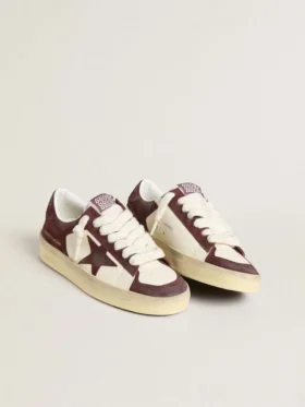 Stardan da donna in nappa bianca con stella e linguetta sul tallone in pelle scamosciata bordeaux