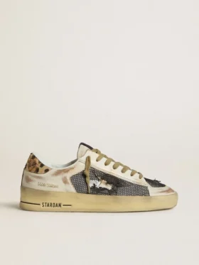 Stardan da donna in nappa e mesh con linguetta sul tallone in pelle di pony con stampa leopardata