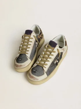 Stardan da donna in nappa e mesh con linguetta sul tallone in pelle di pony con stampa leopardata
