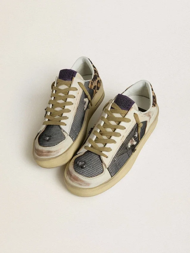 Stardan da donna in nappa e mesh con linguetta sul tallone in pelle di pony con stampa leopardata