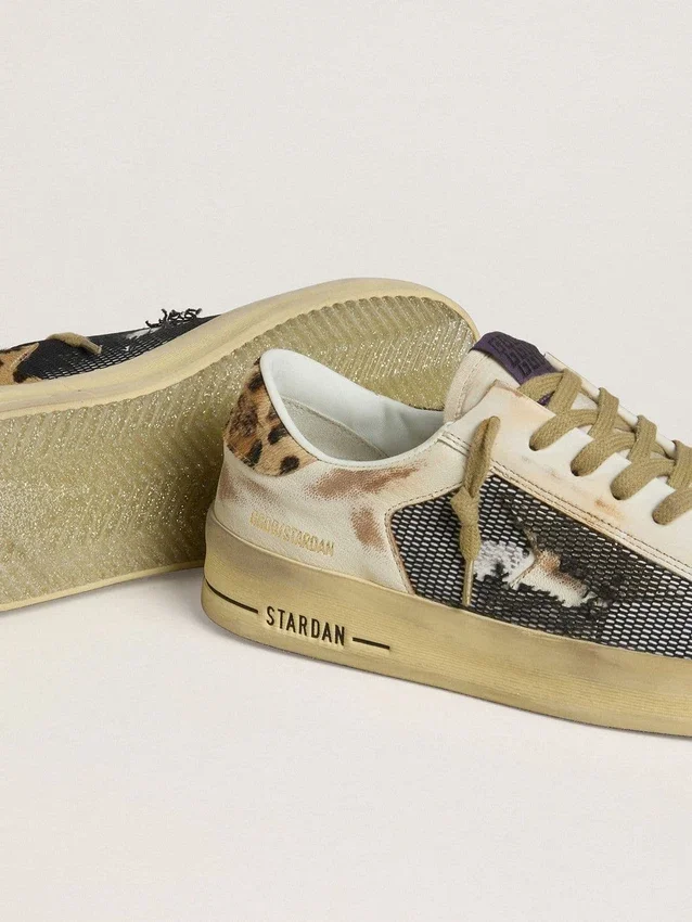 Stardan da donna in nappa e mesh con linguetta sul tallone in pelle di pony con stampa leopardata
