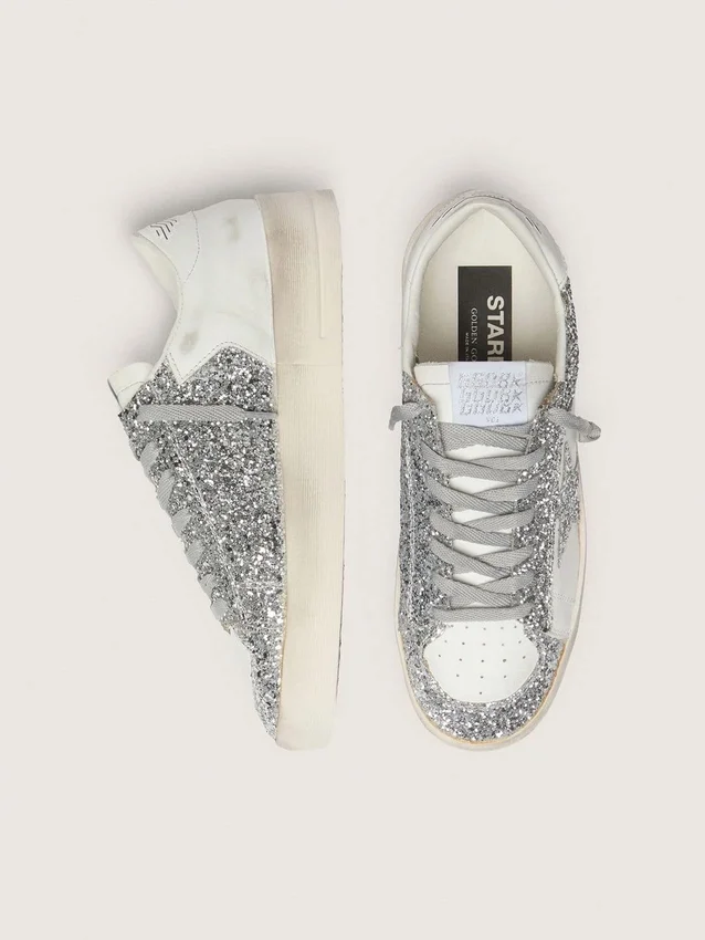 Stardan da donna in pelle bianca e glitter