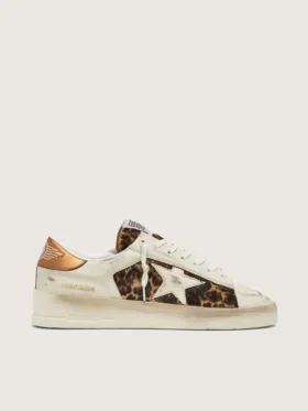 Stardan da donna in pelle bianca e pelle di cavallino leopardata con stella in pelle bianca