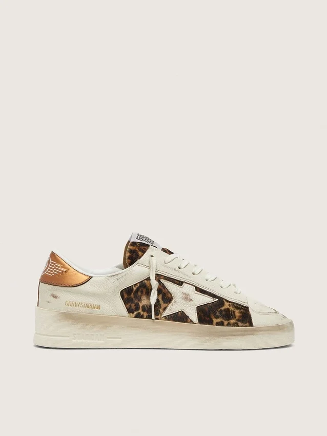 Stardan da donna in pelle bianca e pelle di cavallino leopardata con stella in pelle bianca