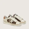 Stardan da donna in pelle bianca e pelle di cavallino leopardata con stella in pelle bianca