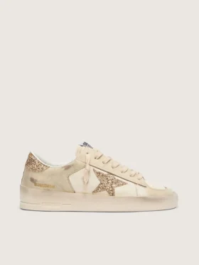 Stardan da donna in pelle nappa ecru con stella glitterata dorata e linguetta sul tallone