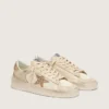 Stardan da donna in pelle nappa ecru con stella glitterata dorata e linguetta sul tallone