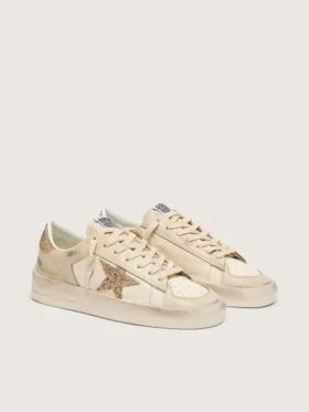 Stardan da donna in pelle nappa ecru con stella glitterata dorata e linguetta sul tallone