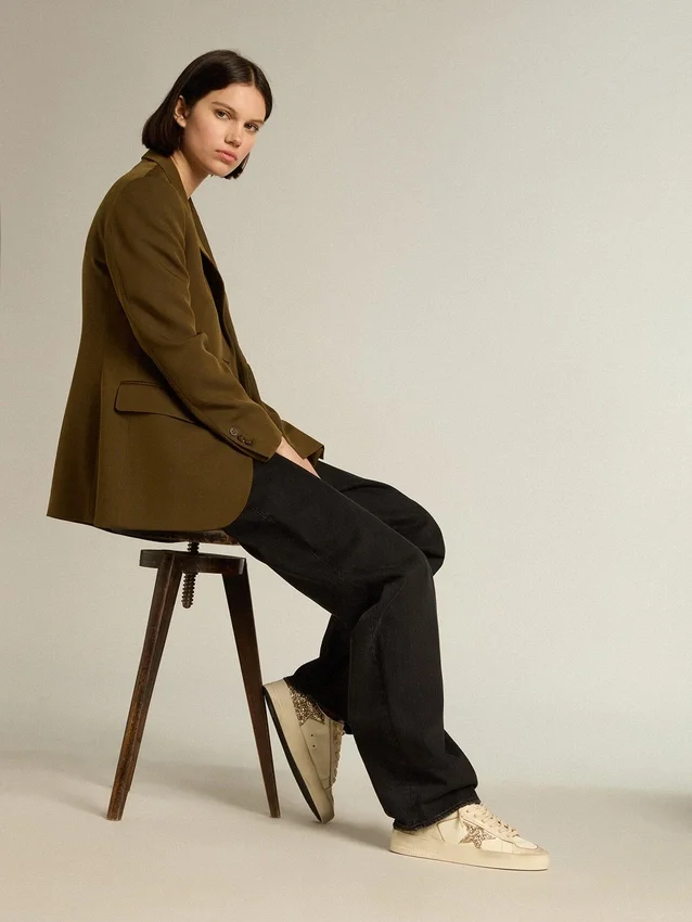Stardan da donna in pelle nappa ecru con stella glitterata dorata e linguetta sul tallone