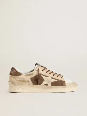 Stardan da donna in pelle scamosciata verde militare e pelle di pony beige con stella in pelle scamosciata beige
