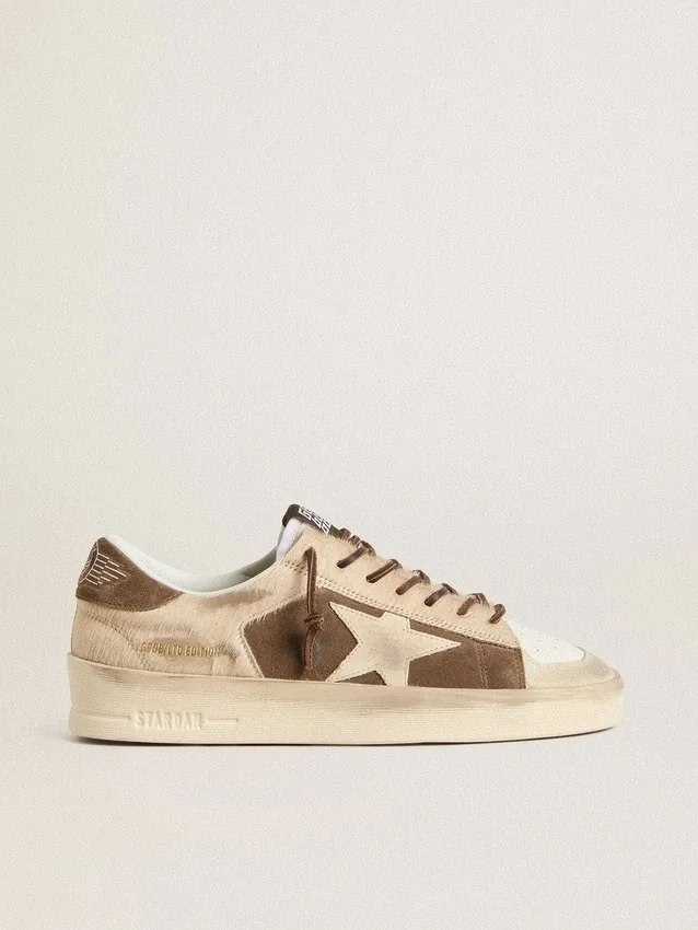 Stardan da donna in pelle scamosciata verde militare e pelle di pony beige con stella in pelle scamosciata beige