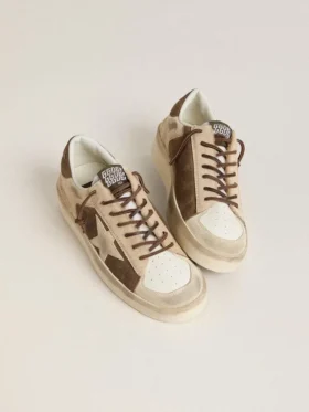 Stardan da donna in pelle scamosciata verde militare e pelle di pony beige con stella in pelle scamosciata beige
