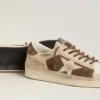 Stardan da donna in pelle scamosciata verde militare e pelle di pony beige con stella in pelle scamosciata beige