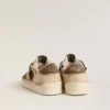 Stardan da donna in pelle scamosciata verde militare e pelle di pony beige con stella in pelle scamosciata beige