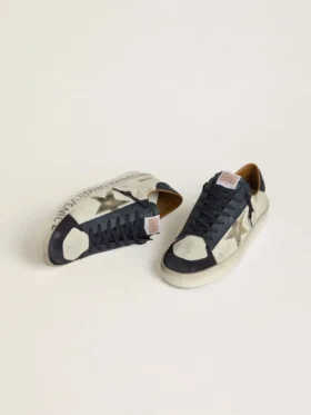 Stardan da uomo in nabuk con stella in pelle metallizzata e linguetta sul tallone in nappa blu