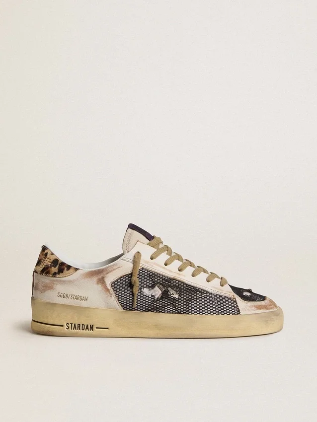Stardan da uomo in nappa e mesh con linguetta sul tallone in pelle di pony con stampa leopardata
