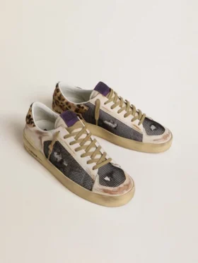 Stardan da uomo in nappa e mesh con linguetta sul tallone in pelle di pony con stampa leopardata