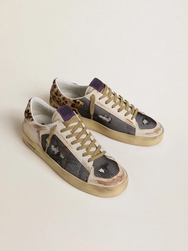 Stardan da uomo in nappa e mesh con linguetta sul tallone in pelle di pony con stampa leopardata