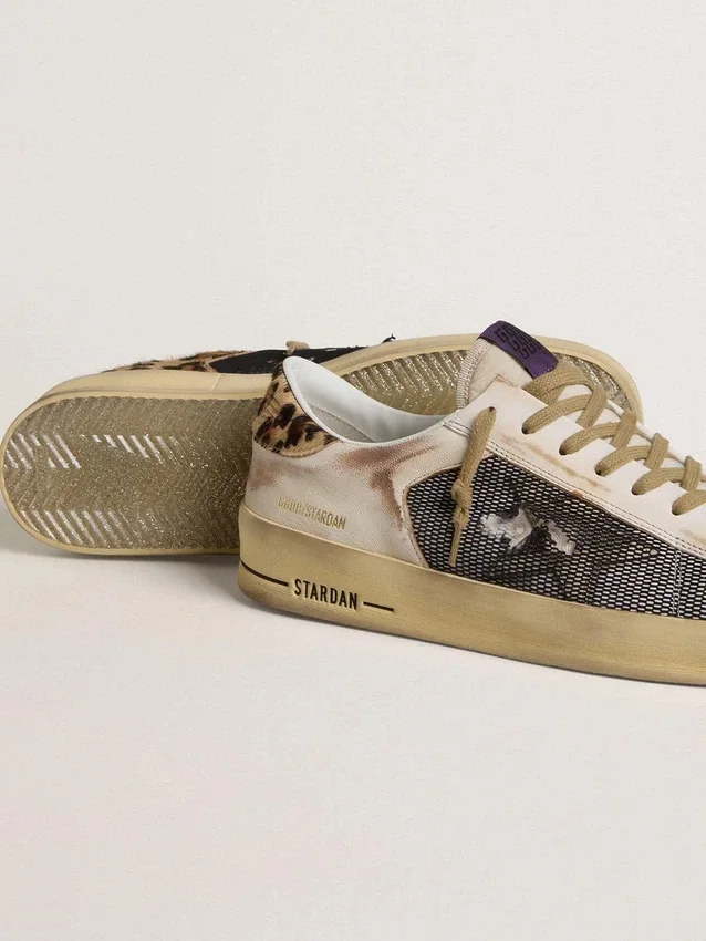 Stardan da uomo in nappa e mesh con linguetta sul tallone in pelle di pony con stampa leopardata