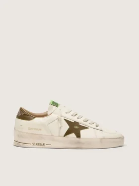 Stardan da uomo in pelle bianca con stella e linguetta sul tallone in pelle con stampa serpente verde militare