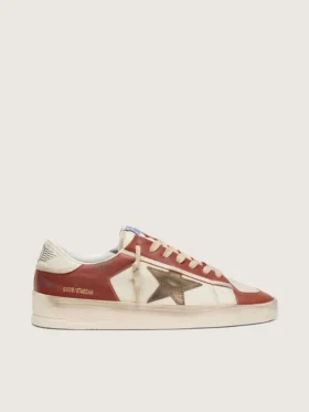 Stardan da uomo in pelle bianca e rosso mattone con stella in pelle laminata verde oliva